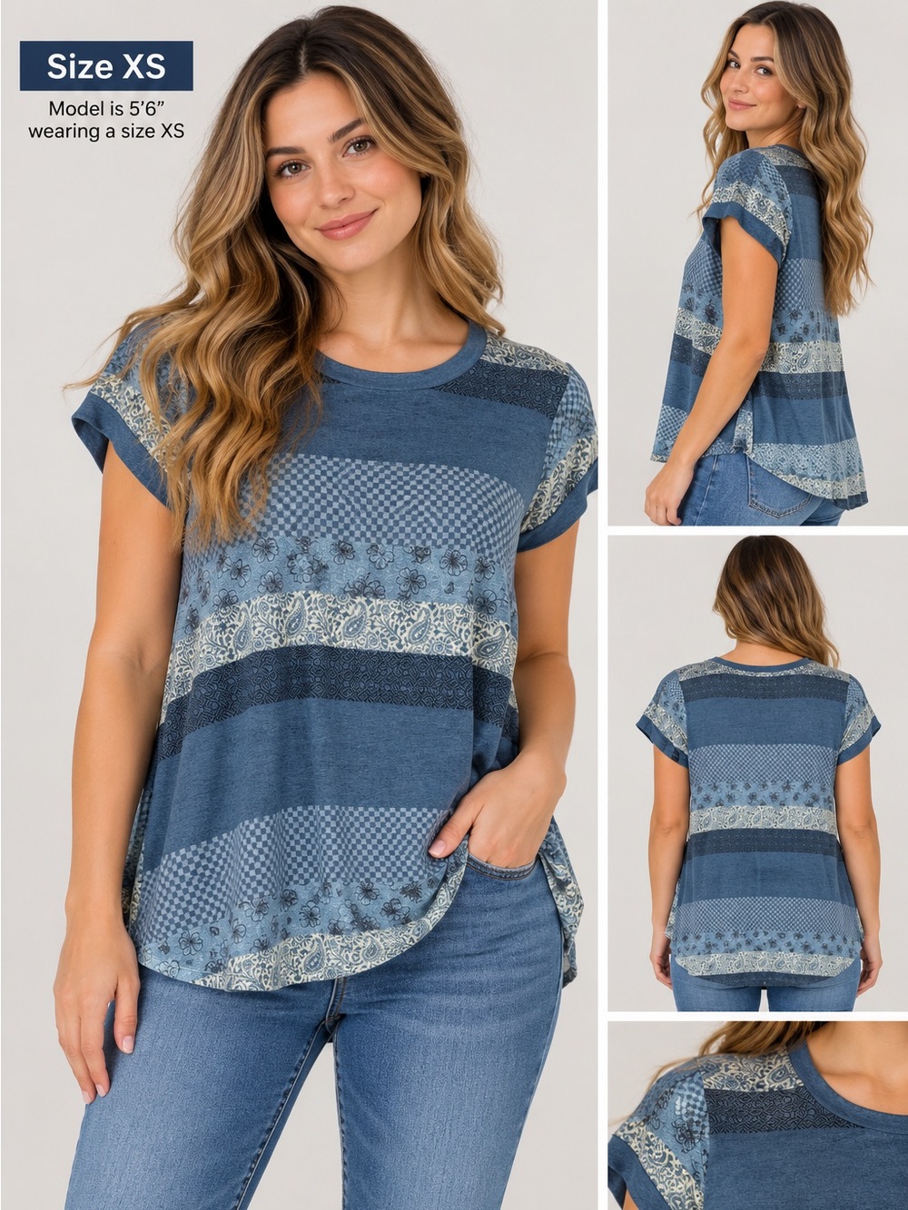LuLaRoe Classic T Shirt Blue Patchwork Print Short Sleeve Top
